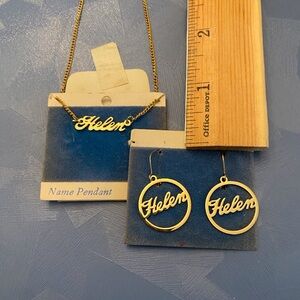 Helen Goldtone Name Pendant Necklace and Earrings Set; NWT